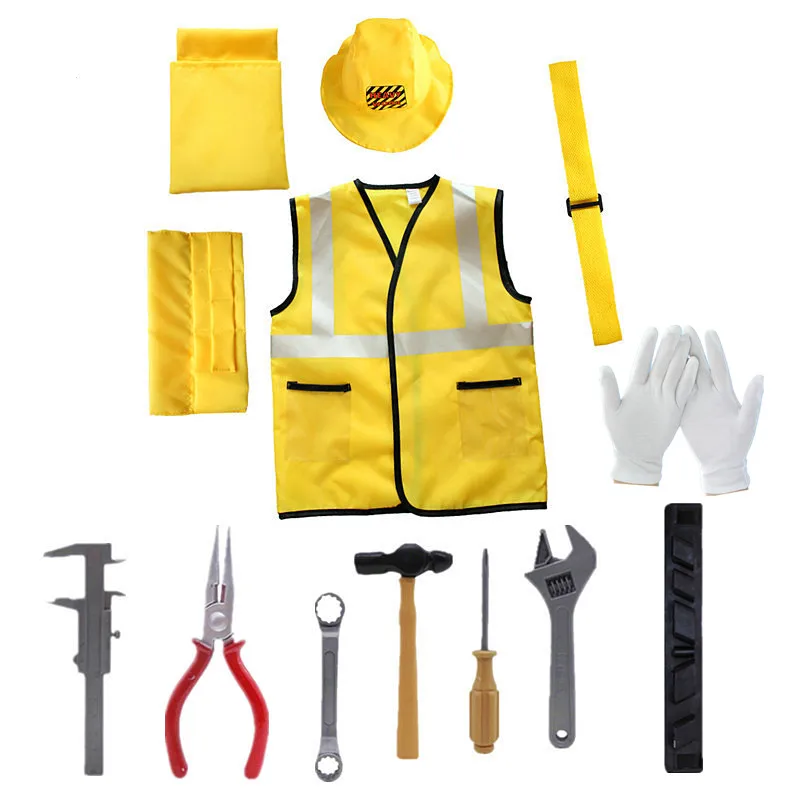 Construction Set A with a yellow dress-up vest, hat, gloves, belt, pouches, and play tools.