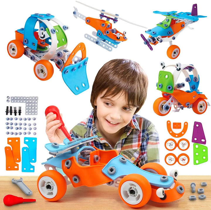 Child using a screwdriver on a blue and orange car, with construction pieces and other model designs displayed