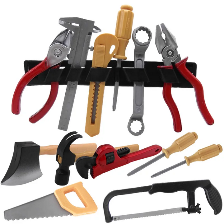 Assorted pretend construction tools with a black tool holder, including saws, pliers, and screwdrivers.