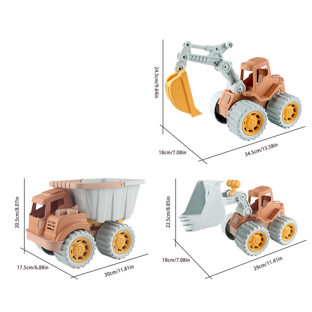 Dimension chart showing the excavator, dump truck, and bulldozer toy styles