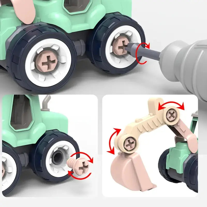 Close-ups of a screwdriver turning wheel screws and the excavator arm&