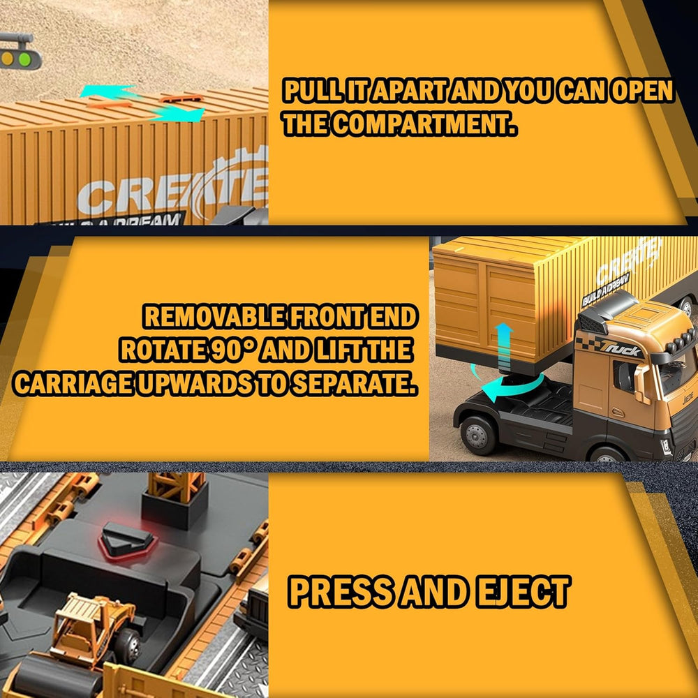 Close-ups of the construction truck's opening container, removable cab, and vehicle release feature