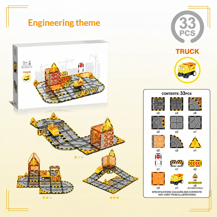 33-piece construction-themed magnetic road set with a yellow truck and layout examples