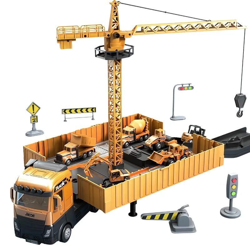 Yellow construction truck opened into a worksite with a tall crane, mini vehicles, and traffic accessories