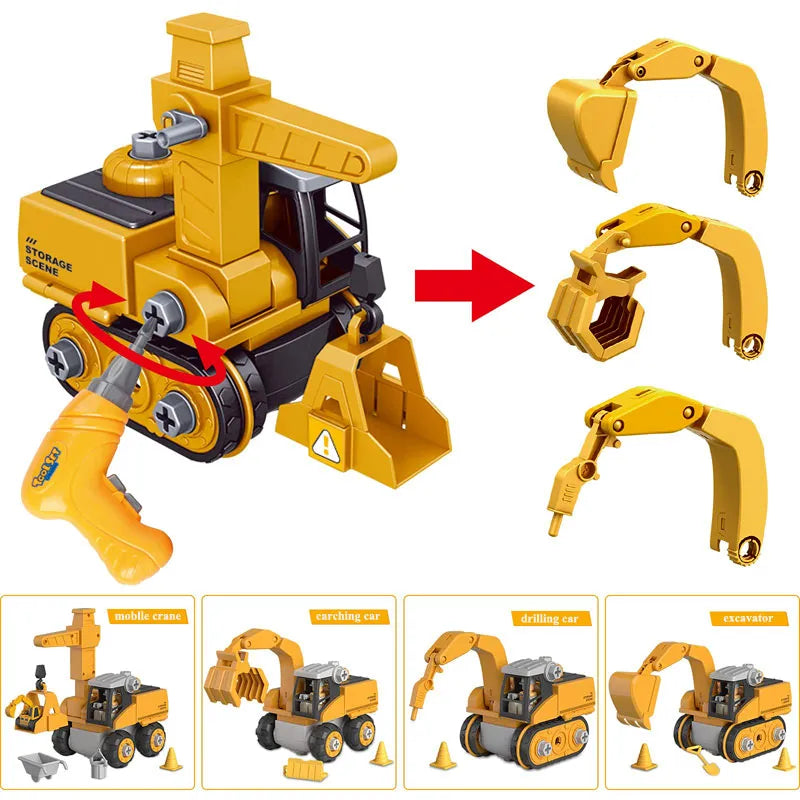 Yellow take-apart construction vehicle shown with interchangeable arm attachments