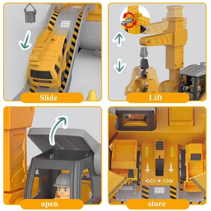 Construction vehicle details showing a ramp, lifting feature, opening cab, and storage area