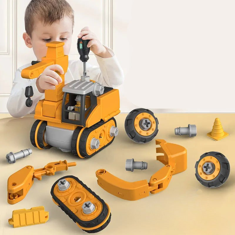 Child using a hand screwdriver to assemble a yellow construction vehicle with loose parts on the table
