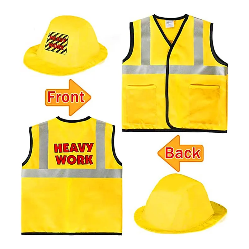 Front and back views of a yellow construction costume vest and matching play hard hat.