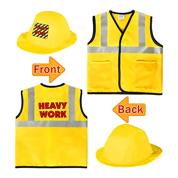 Front and back views of a yellow construction costume vest and matching play hard hat.