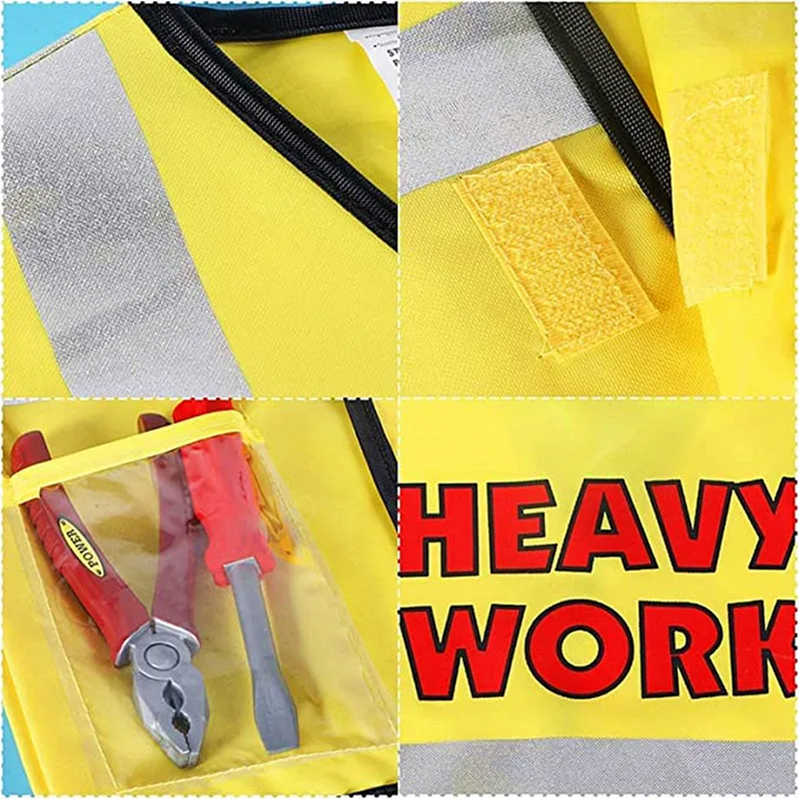 Close-up views of yellow construction vest trim, pockets, silver-colored bands, and back lettering.