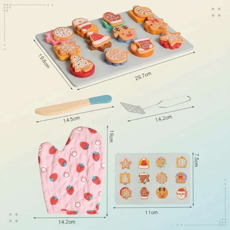 Measurement guide for the cookie tray, toy utensils, pink oven mitt, and matching cards.