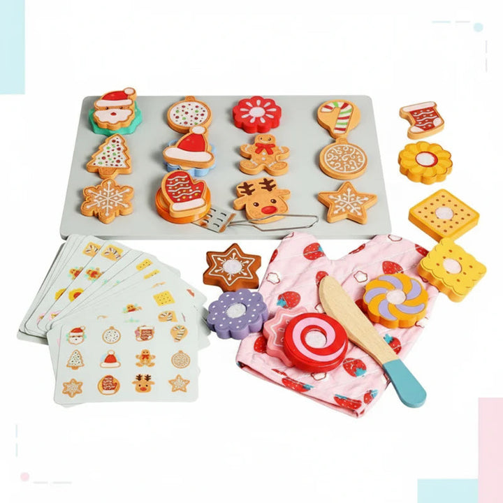 Wooden cookie playset with round and festive shapes, pattern cards, a gray tray, utensils, and an oven mitt.