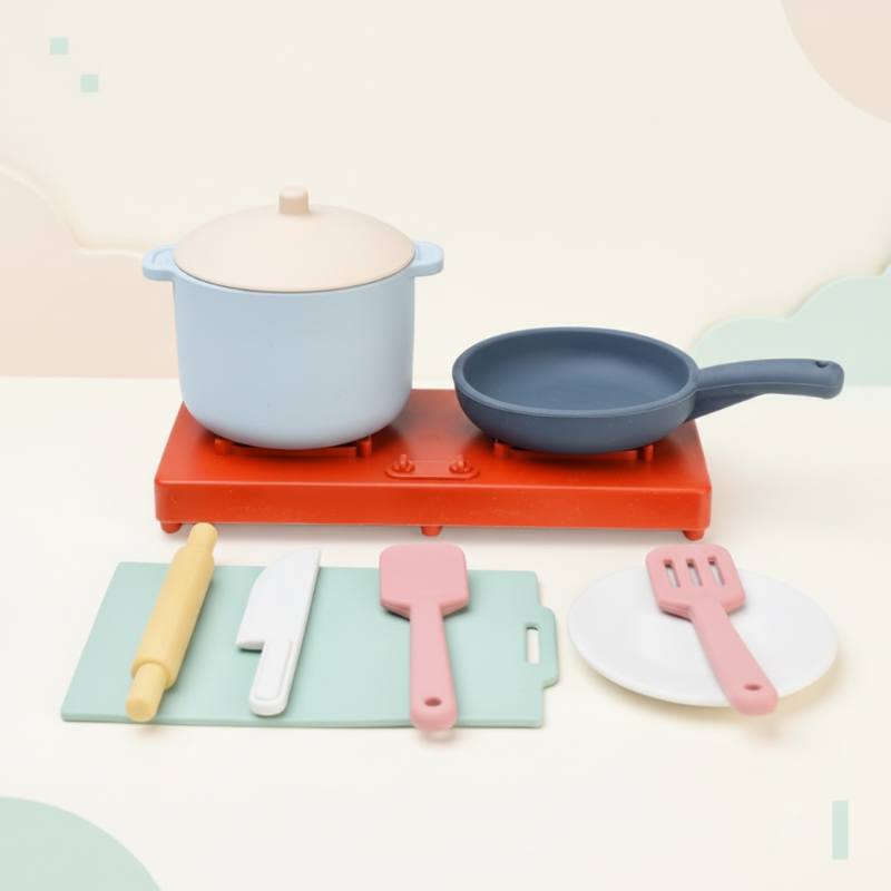 Cooking option with a toy cooktop, lidded pot, frying pan, rolling pin, cutting board, knife, and utensils