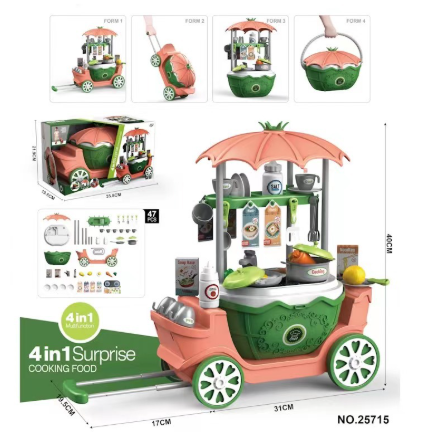 Green and peach cooking play cart with wheels, toy cookware and pretend food