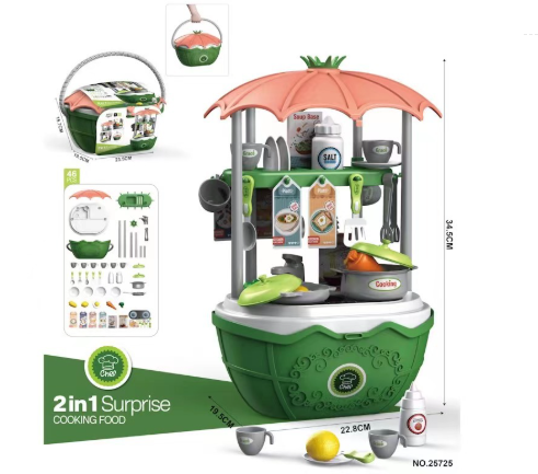 Green and peach cooking play station without a trolley, with pretend cookware and food