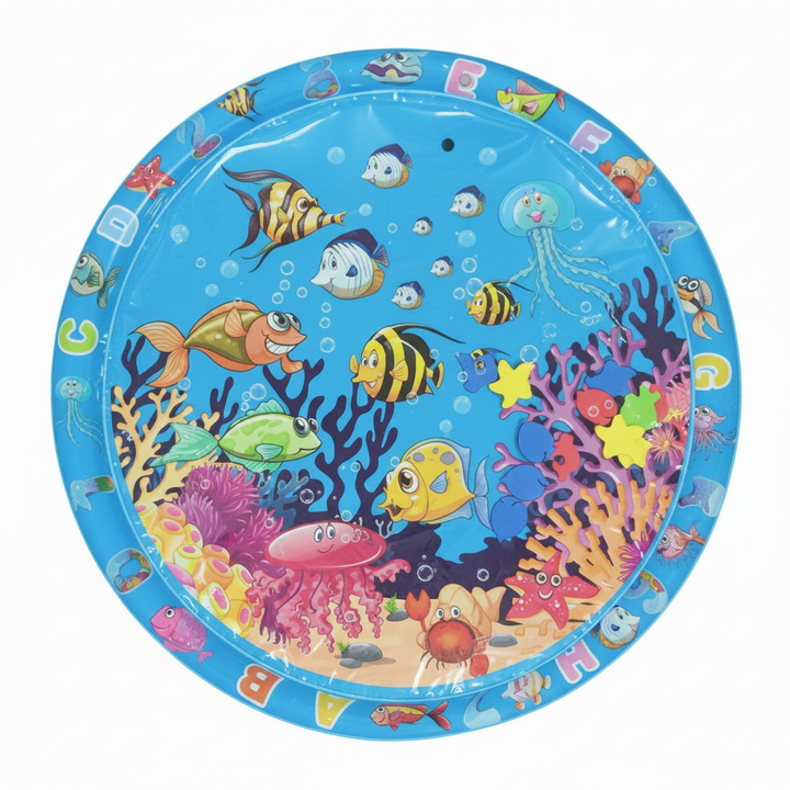 Round coral reef water mat with colorful fish, coral, and floating sea shapes