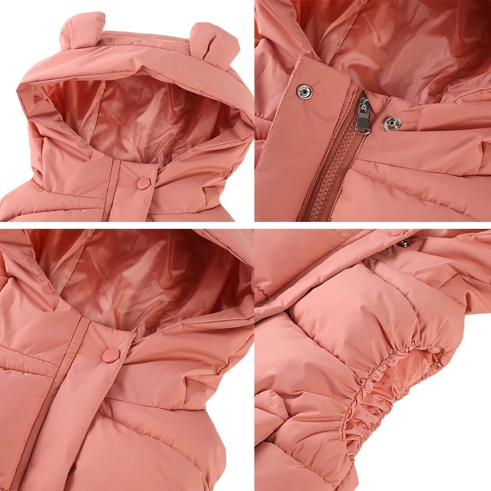 Close-up views of a coral vest's bear-ear hood, zipper, snap placket and gathered armhole