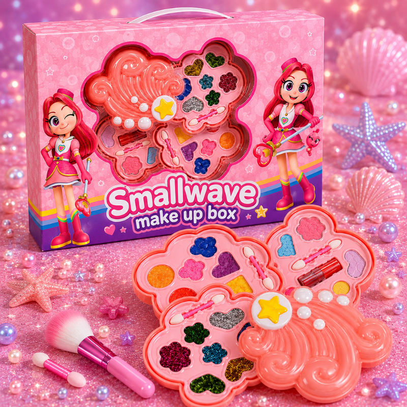 Coral wave-shaped makeup case with colorful palettes, brushes, and applicators