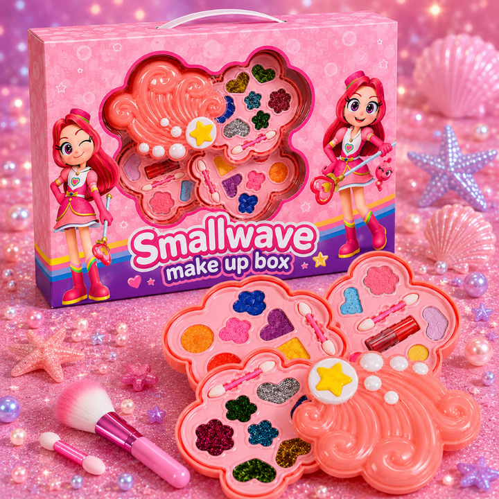 Coral wave-shaped makeup case with colorful palettes, brushes, and applicators