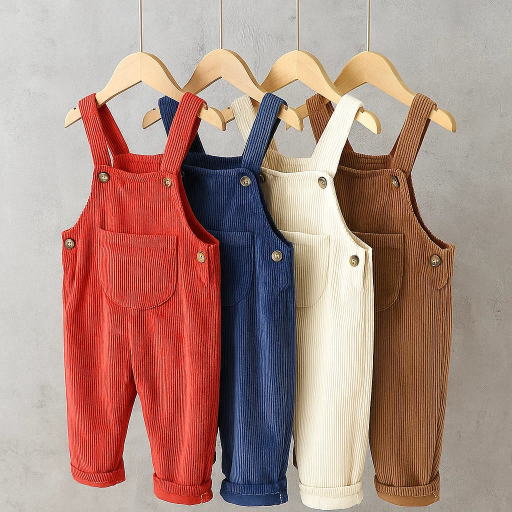 Red, blue, beige, and brown corduroy overalls hanging together with front pockets and rolled cuffs