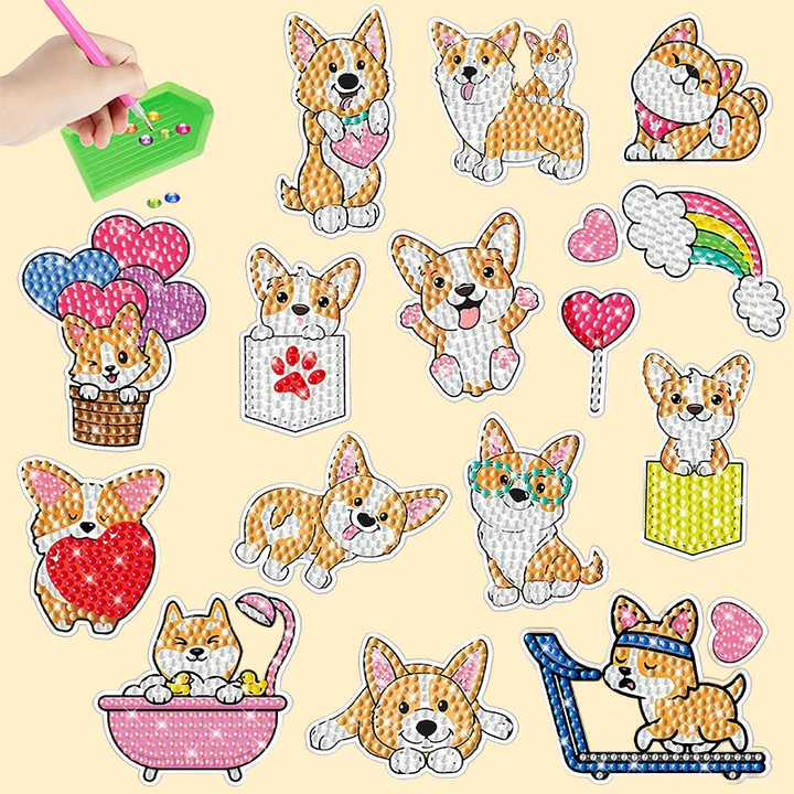 Corgi diamond painting stickers with balloons, hearts, and a rainbow