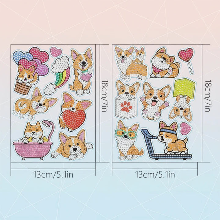 Two corgi diamond painting sticker sheets with 13 x 18 cm measurements
