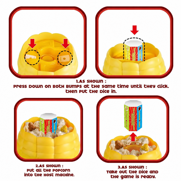 Four-step setup guide showing how to load the popcorn pieces and remove the die before play