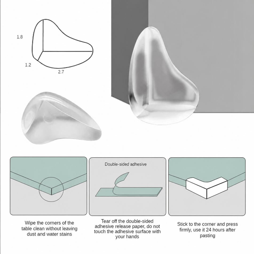 Clear corner cover with a measurement diagram and illustrated adhesive installation steps