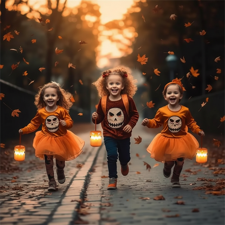 Children in Halloween costumes carrying glowing pumpkin lanterns along a leaf-covered path