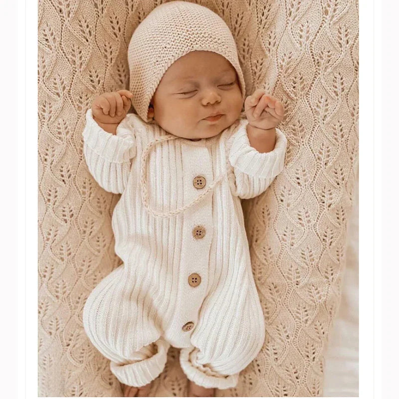 Baby wearing a cotton-knit romper and beige hat on a textured blanket