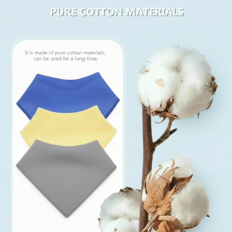 Cotton material graphic showing blue, yellow and gray bib fabric beside a cotton plant
