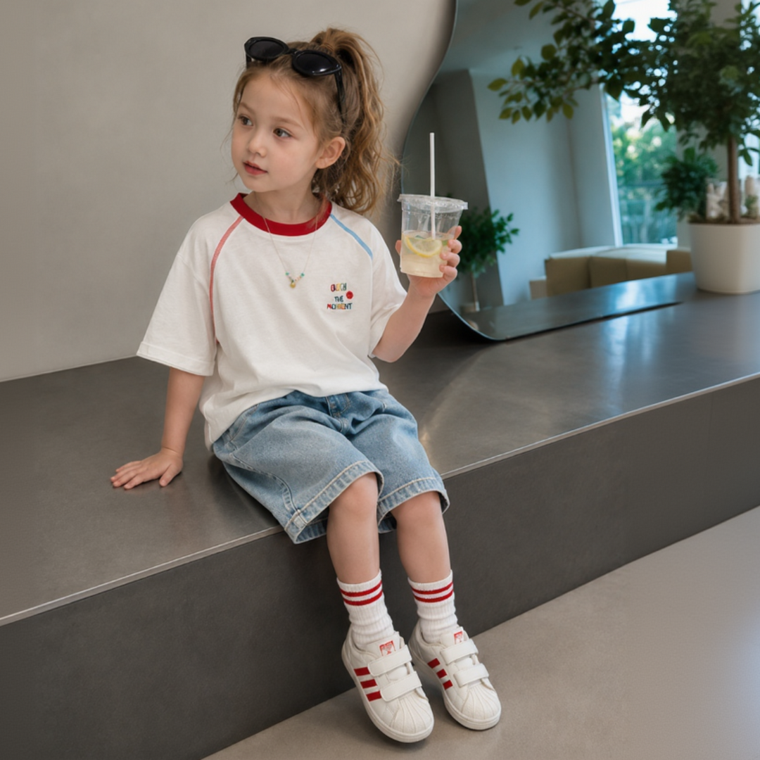 Seated child wearing the white cotton-blend tee with denim shorts and holding a drink