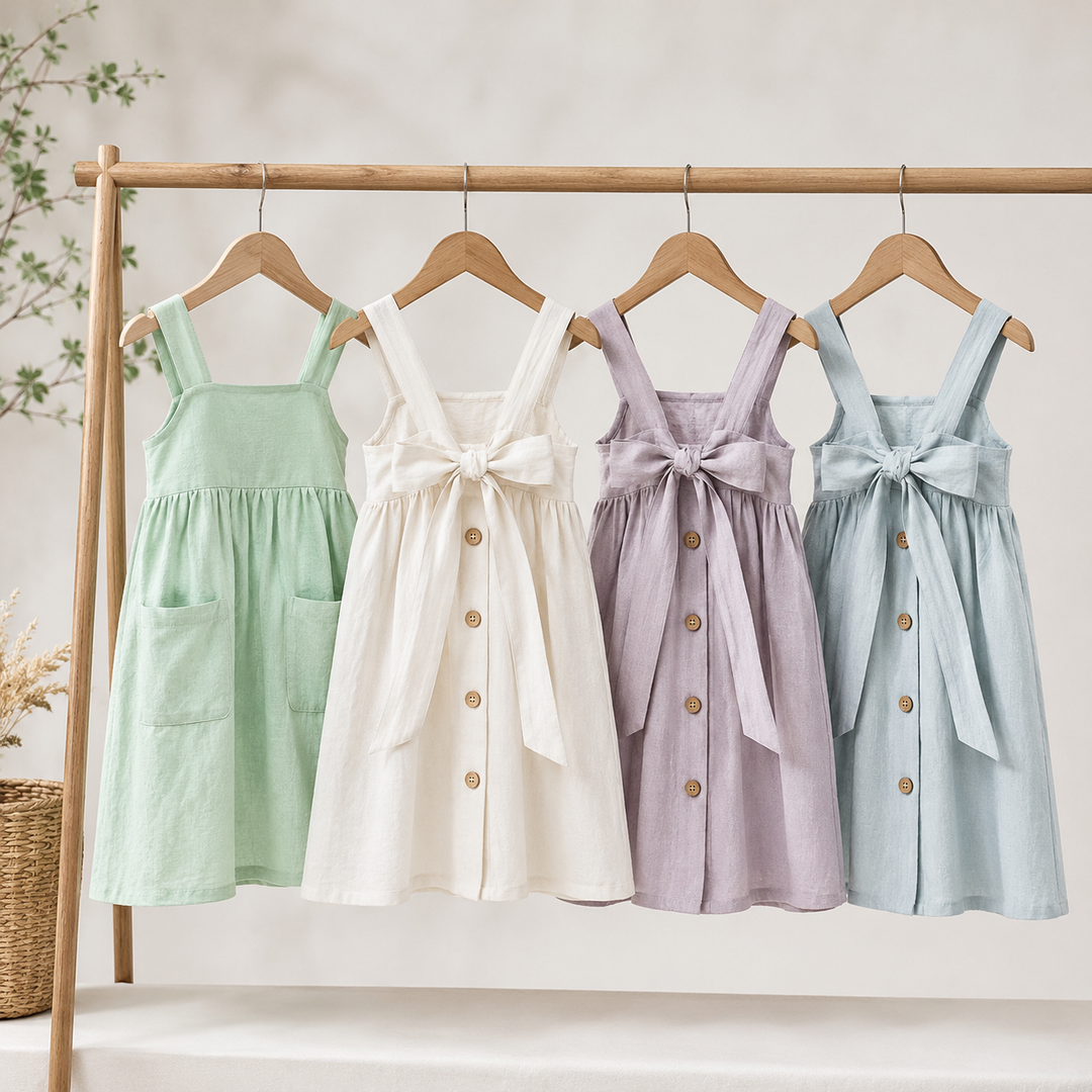 Green, white, purple, and blue cotton bow dresses hanging on a wooden clothing rack
