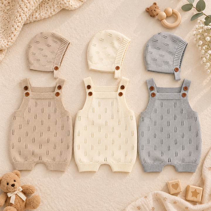 Apricot, beige, and gray knitted baby overalls with coordinating hats arranged side by side.