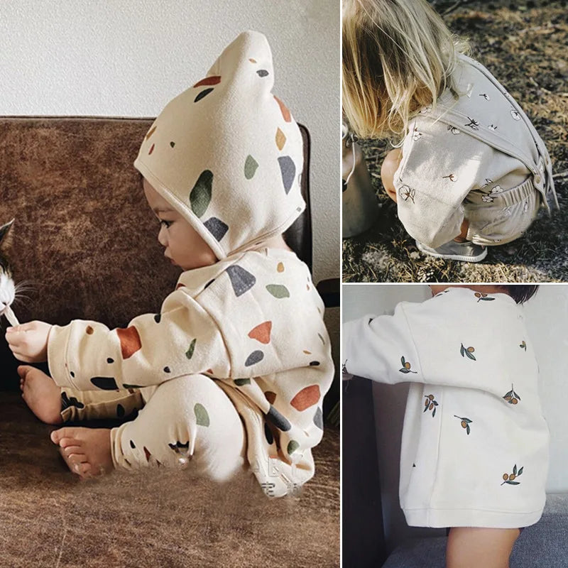 Collage of children wearing printed matching sets with a close-up of a leafy pattern.