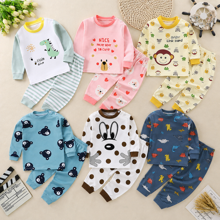 Six two-piece pajama sets in animal, dinosaur and striped designs with matching long pants