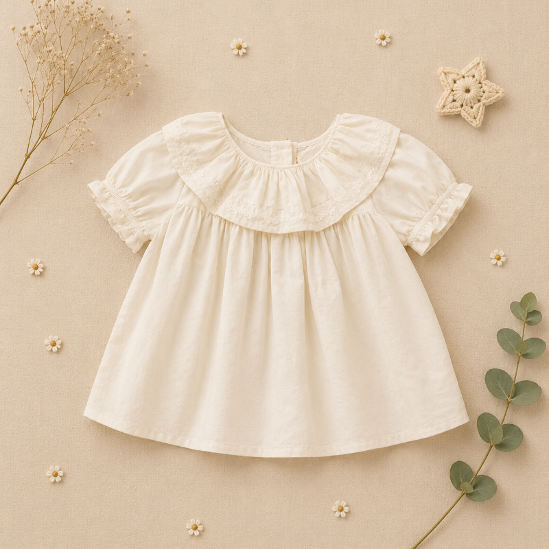 Front view of the ivory ruffle collar blouse with a loose body and gathered short sleeves