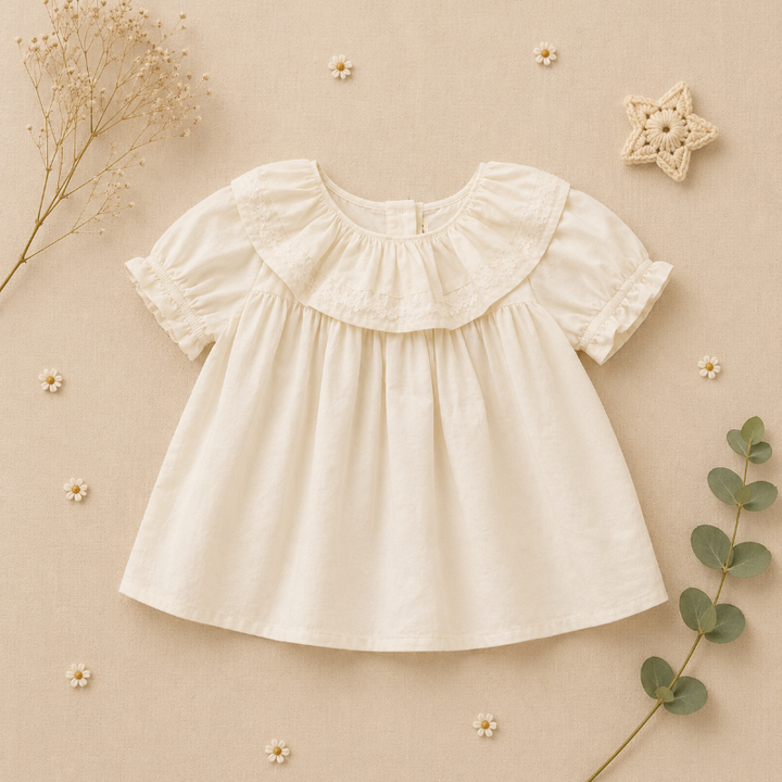 Front view of the ivory ruffle collar blouse with a loose body and gathered short sleeves