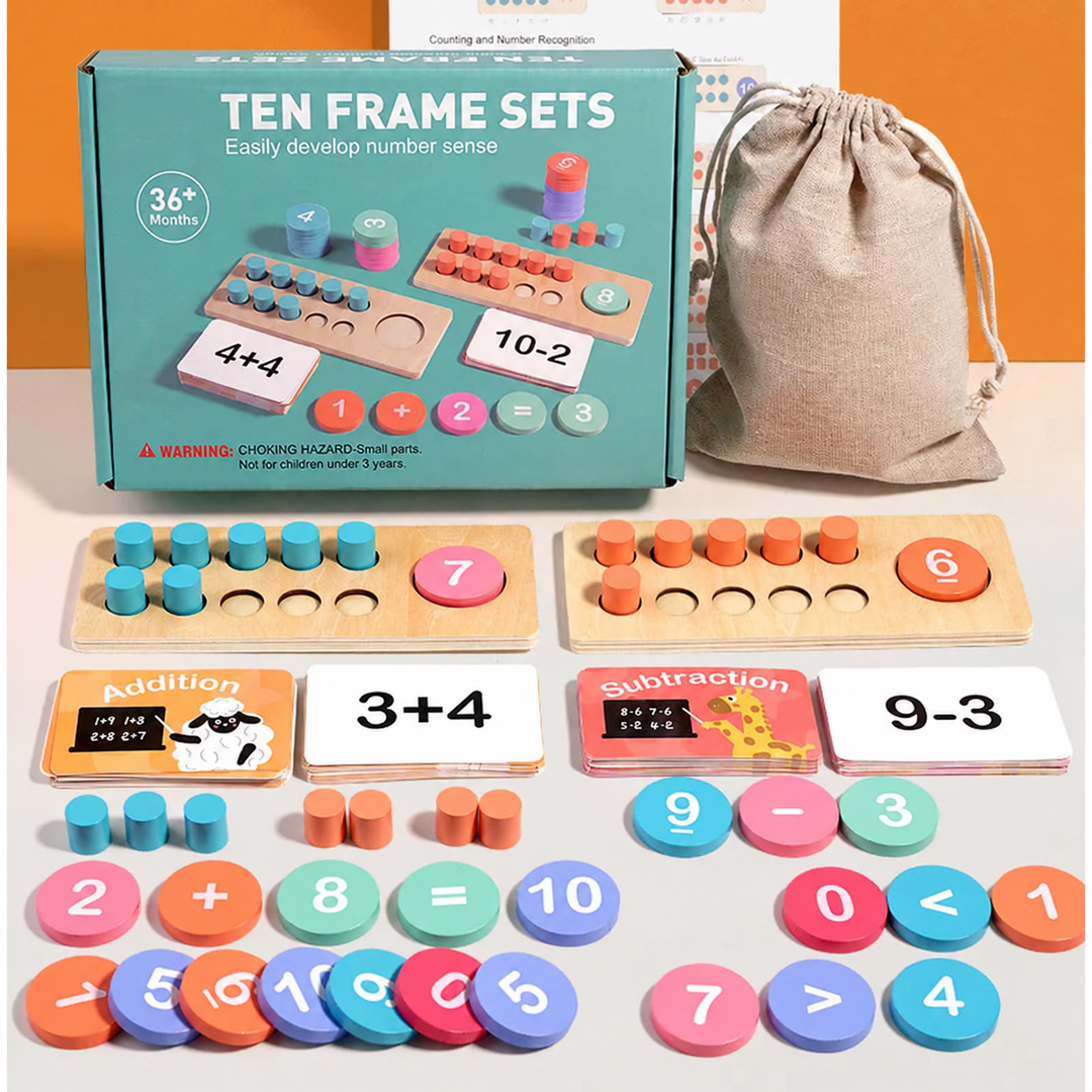 Wooden math play set with two ten-frame boards, colorful counting pieces, math cards, box, and drawstring bag