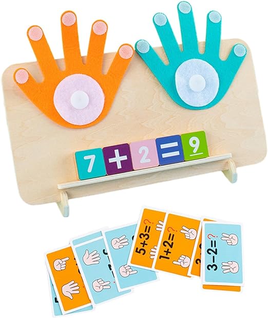 Wooden math board with orange and teal felt hands, number tiles, and illustrated arithmetic cards