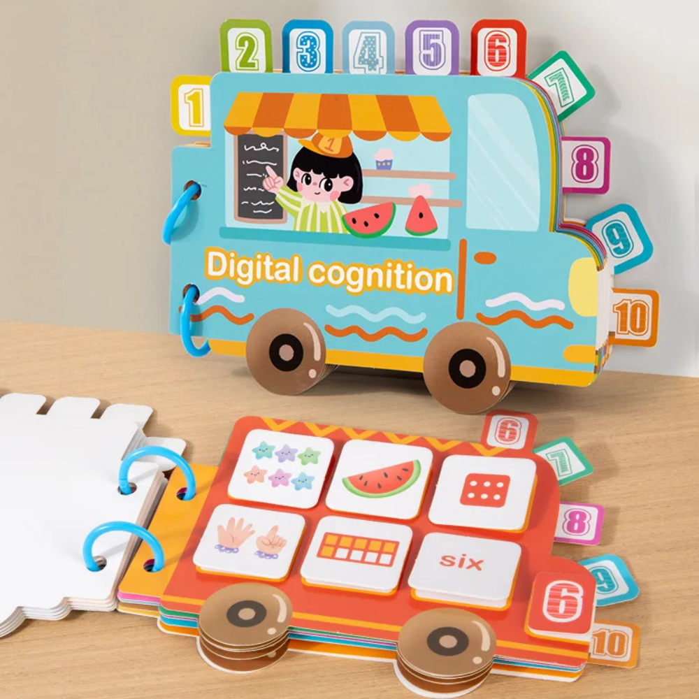Bus-shaped number book with colorful number tabs and an open page for counting six.