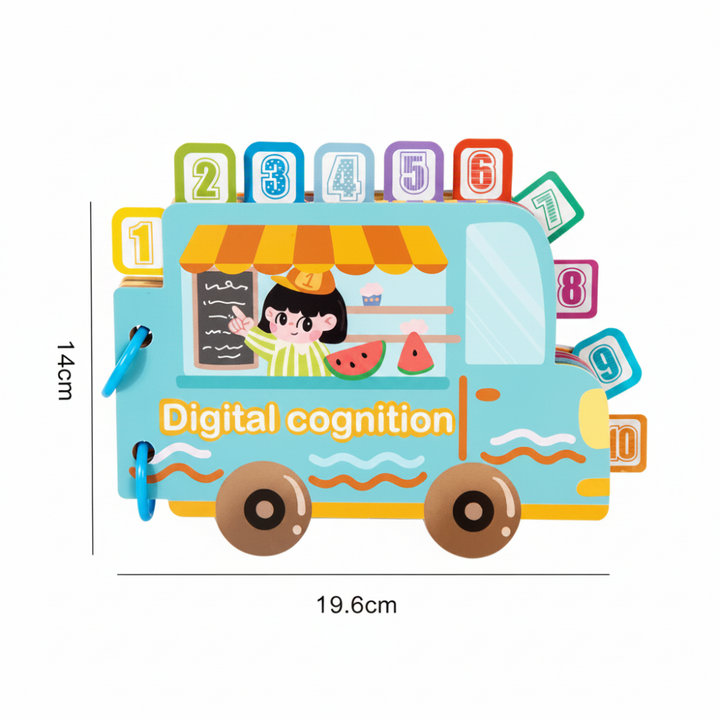 Bus-shaped number book measuring 19.6 cm wide and 14 cm high.