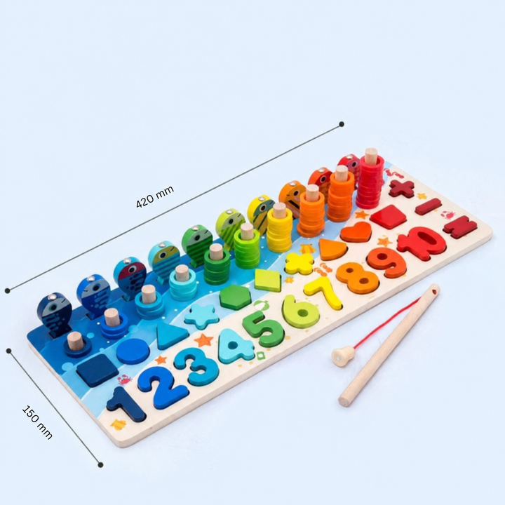 Wooden counting and fishing board with a rod and measurements of 420 x 150 mm