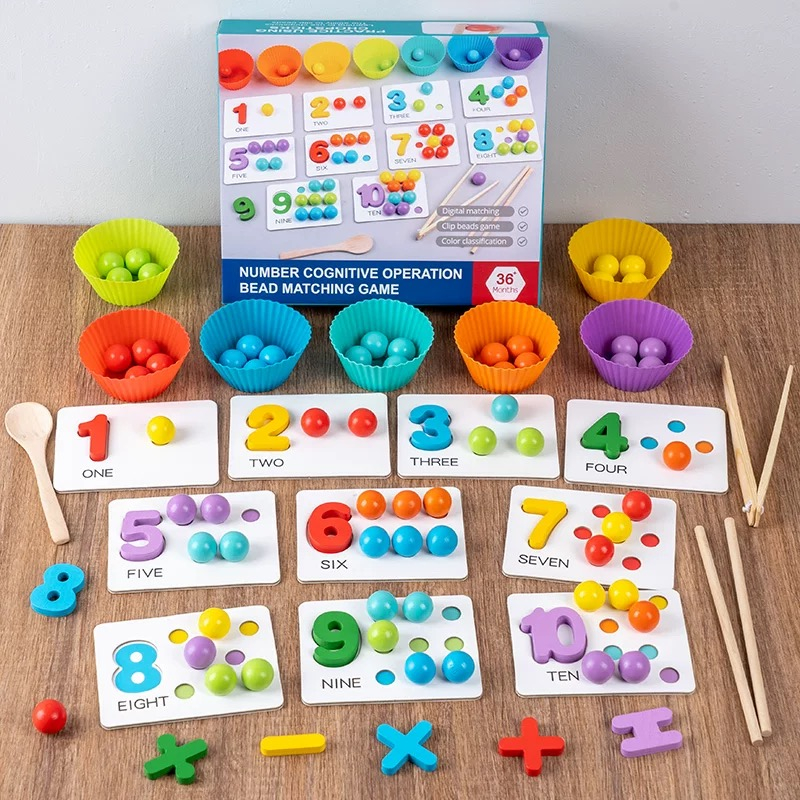 Counting set with colorful beads, sorting bowls, and cards numbered one through ten