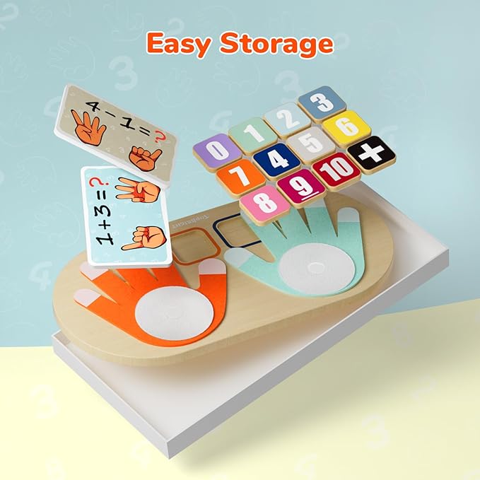 Counting board, colorful number tiles, and arithmetic cards arranged in a white storage tray