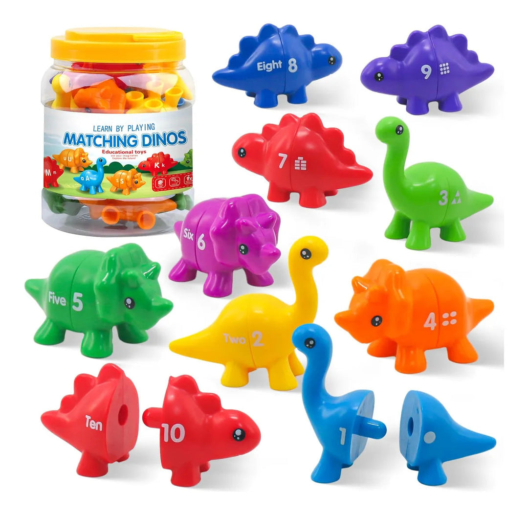 Number dinosaur set with numerals and dot patterns beside a yellow-lidded storage bucket