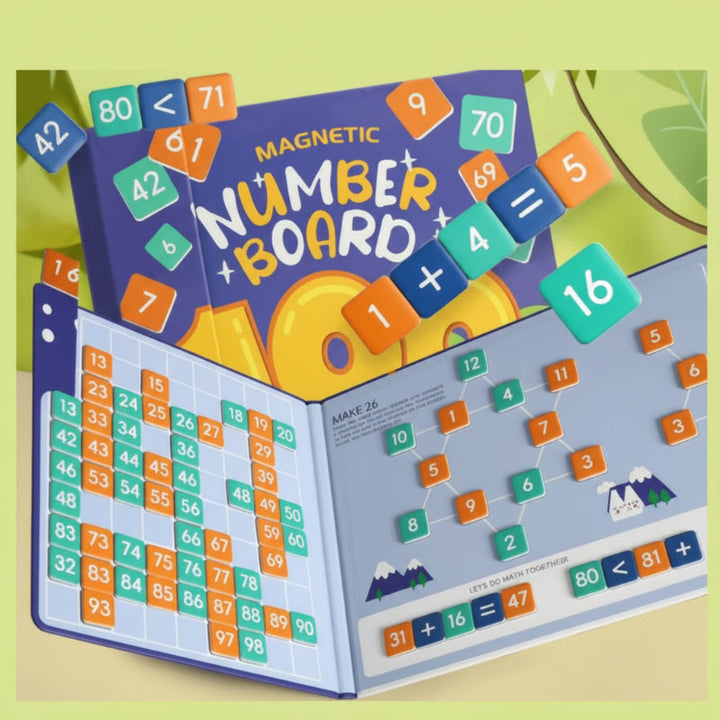 Numbers version of the magnetic learning book with a counting grid and arithmetic pieces