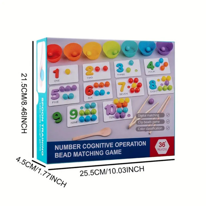 Counting and sorting game box with measurements of 25.5 x 21.5 x 4.5 cm