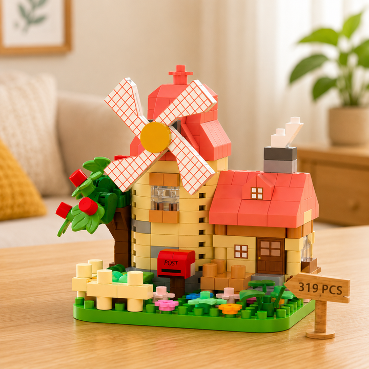 Red-roof Countryside windmill model with a green base, apple tree and 319-piece sign.