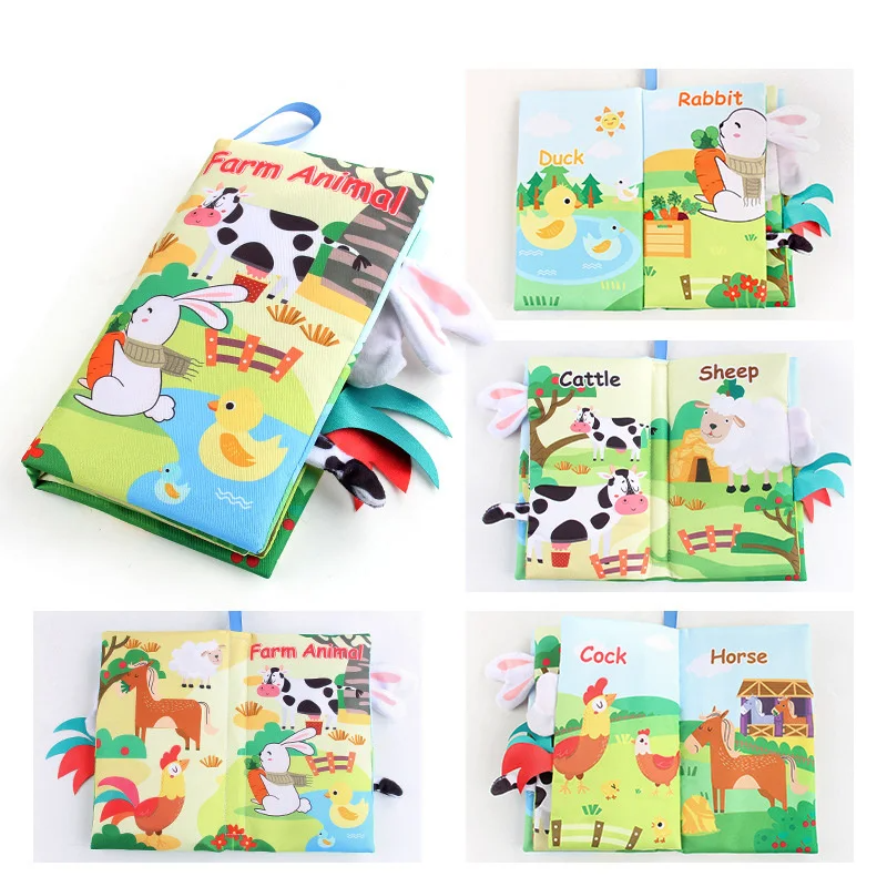 Farm animal fabric book with a cow cover, fabric tabs, and duck, rabbit, sheep, and horse illustrations.